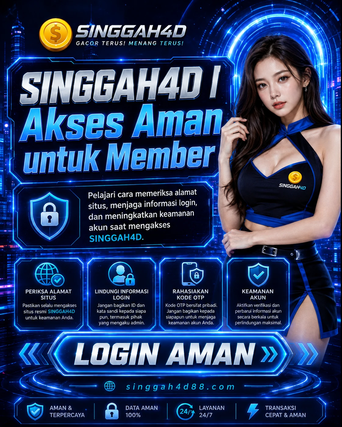 Poster SINGGAH4D Akses Aman untuk Member dengan panduan keamanan login dan perlindungan akun